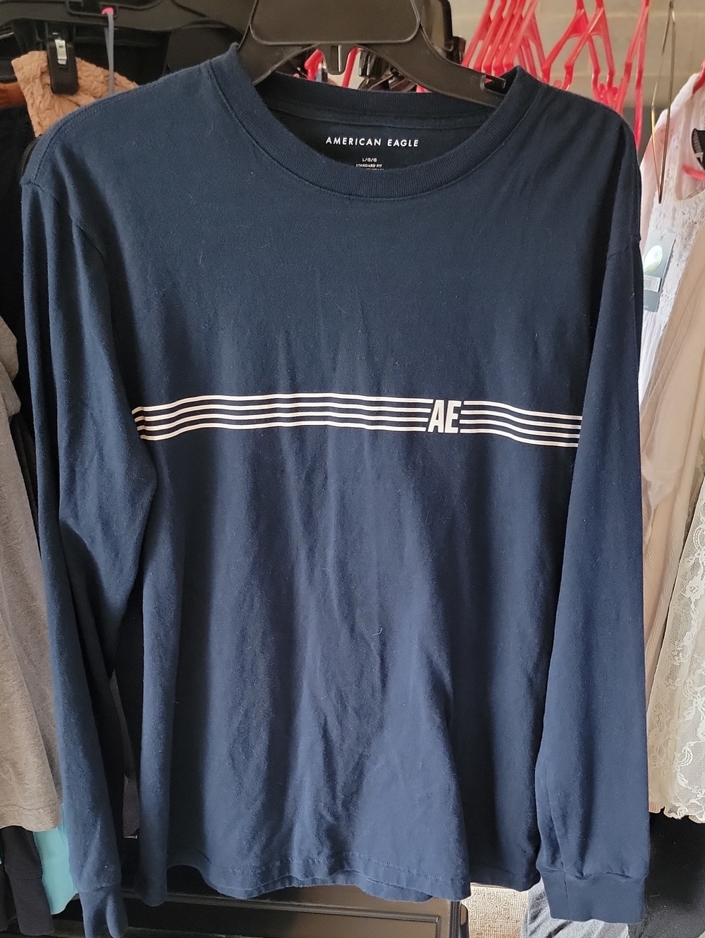 American Eagle Outfitters Navy Long-Sleeve Tee with White Stripes